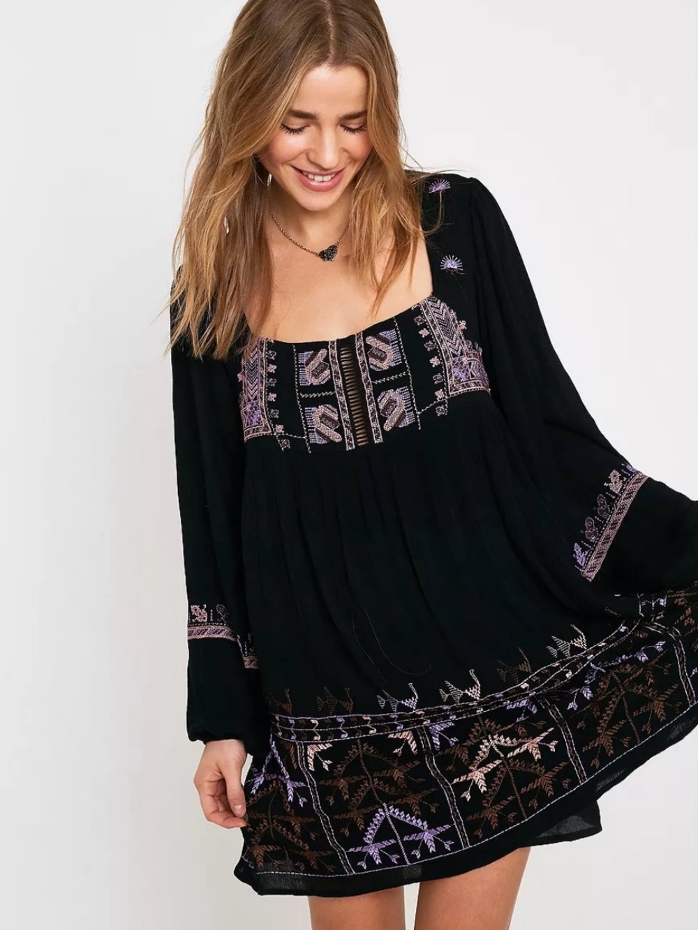 Free People Black Embroidered Boho Peasant Top - Women's Black
